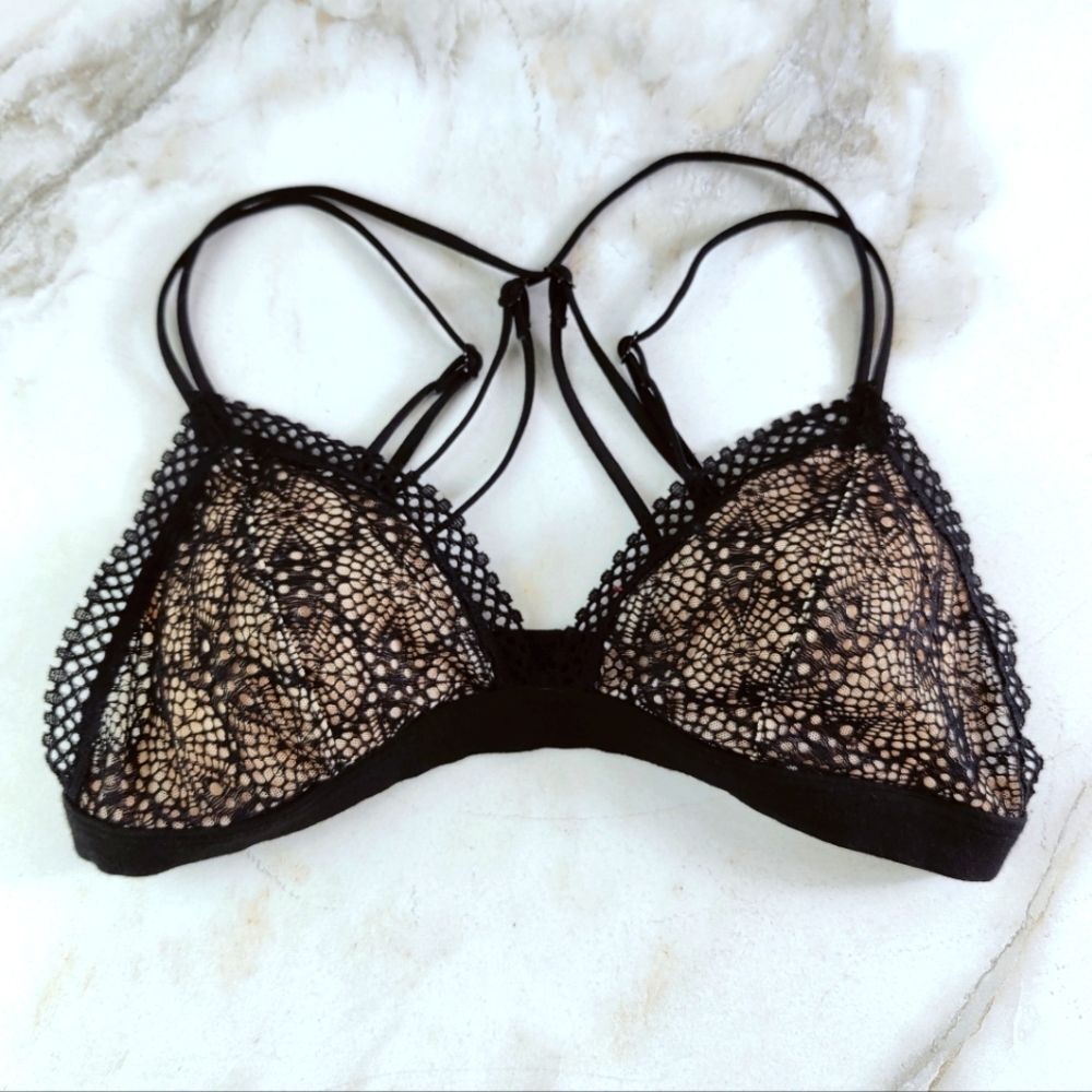 Victoria's Secret Black Lace Overlay Strappy Triangle Bralette Bra Top, Sz S